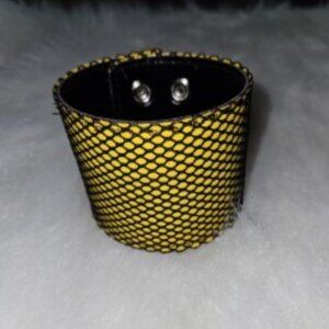 NWT YELLOW PVC + FISHNET ADJUSTABLE BRACELET Funk Plus edc goth arm band cuff